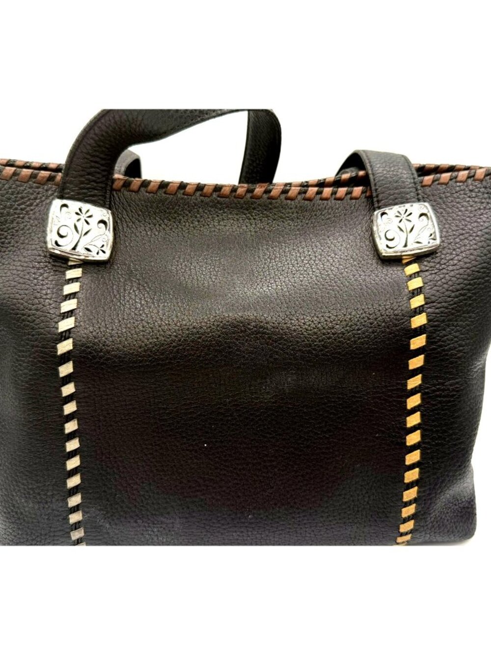 Brighton Black Leather Handbag Tote Whipstitch Trim Silver Hardware